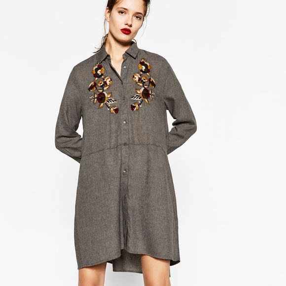 Zara Floral Embroidered Shirt Dress 